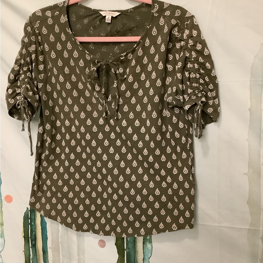 Women’s M Green Boho Print Ruched Sleeve Top 100% Cotton lucky brand